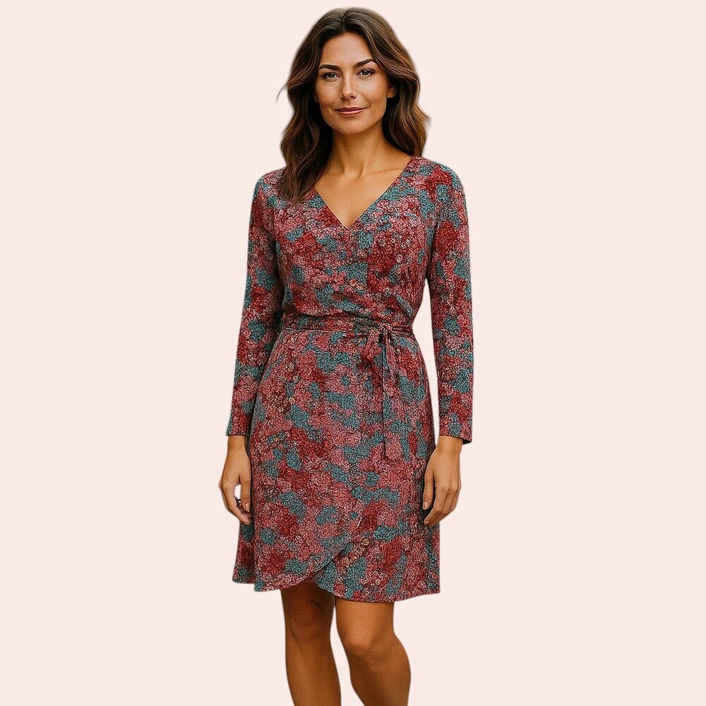 PARAPHRASE Floral Dress Wrap-style Rayon Stretch V-neck Red Pink Blue Dress